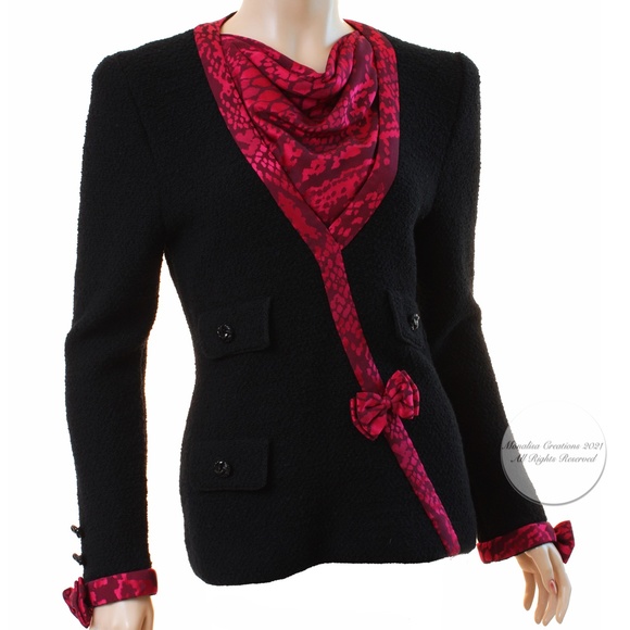 Adolfo Knit Sweater Black Boucle & Pink Printed Silk Saks 5th Ave Vintage HTF - Picture 2 of 6